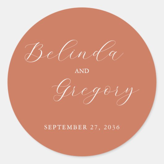 Terracotta Elegant Script Calligraphy Wedding Ronde Sticker (Voorkant)