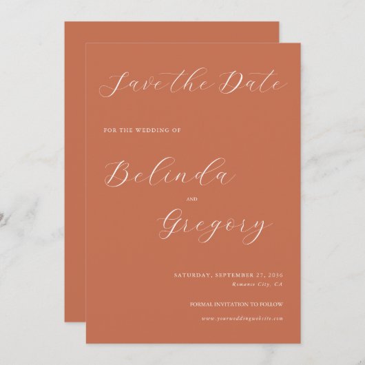 Terracotta Elegant Script Calligraphy Wedding Save The Date (Voorkant / Achterkant)