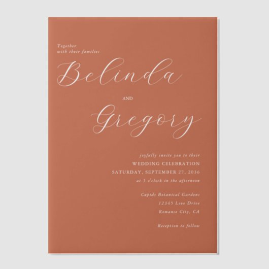 Terracotta Elegant Script Calligraphy Wedding Vellum Uitnodigingen (Voorkant)