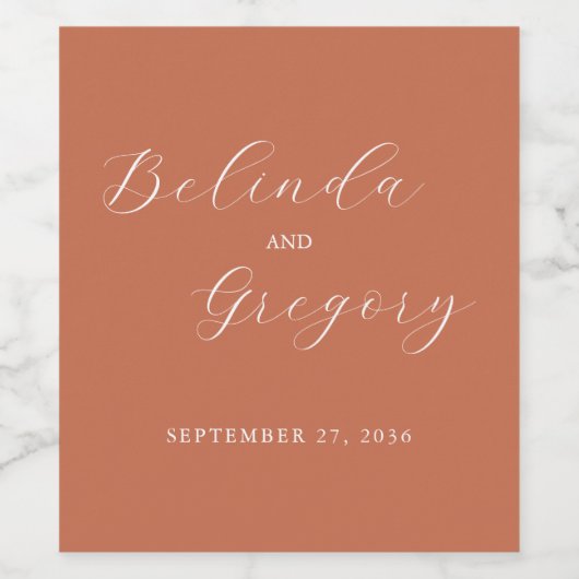 Terracotta Elegant Script Calligraphy Wedding Wijn Etiket (Enkel label)