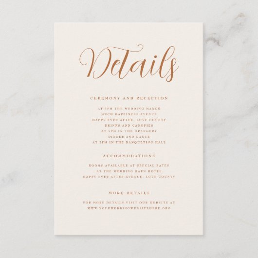 Terracotta Elegant Script Moderne bruiloft details Informatiekaartje (Voorkant)