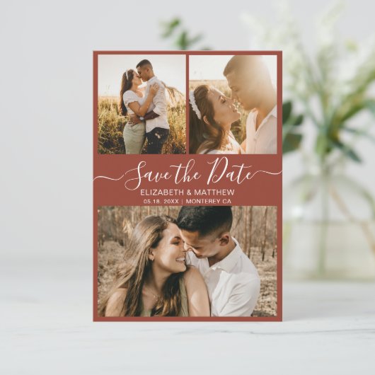 Terracotta Elegant Script Photo Collage Wedding Save The Date (Staand voorkant)
