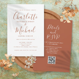 Terracotta Elegant Script QR Code Huwelijk Kaart