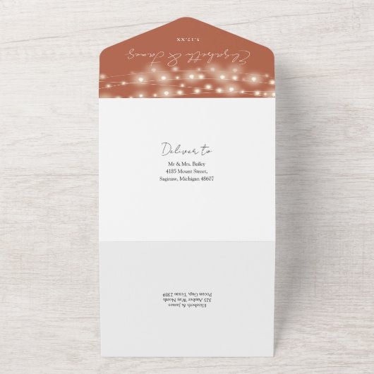Terracotta Elegant Script String Lights Wedding All In One Uitnodiging (Buitenkant)