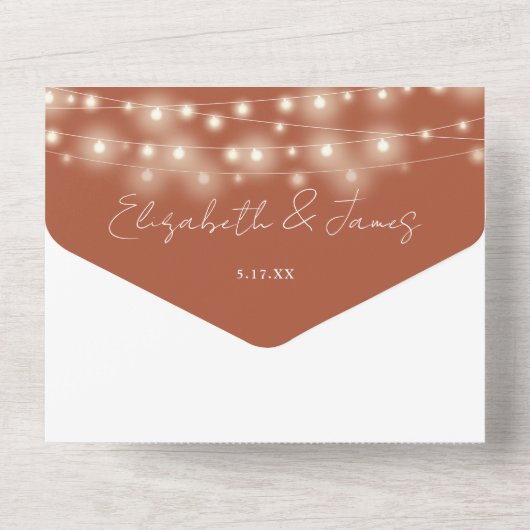 Terracotta Elegant Script String Lights Wedding All In One Uitnodiging (Achterkant)