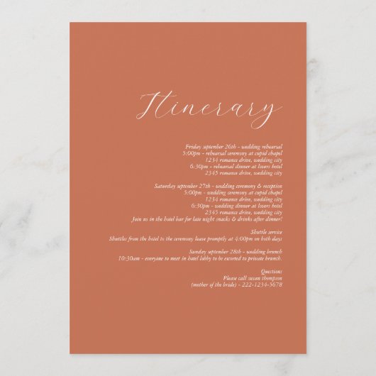 Terracotta Elegant Script Wedding Itinerary Programmakaart (Achterkant)