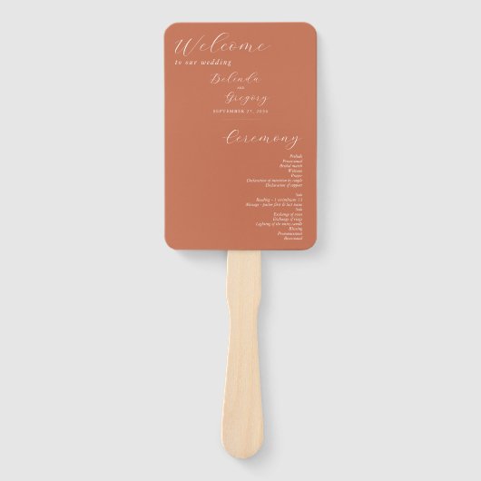 Terracotta Elegant Script Wedding Programme Handwaaier (Voorkant)