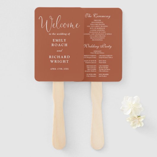 Terracotta Elegant Script Wedding Programme Handwaaier (Voorkant en achterkant)