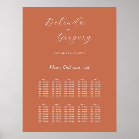 Terracotta Elegant Script Wedding Seding Chart Poster (Voorkant)