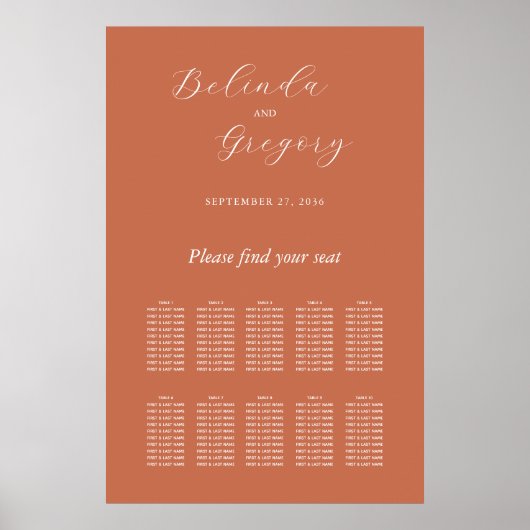 Terracotta Elegant Script Wedding Seding Chart Poster (Voorkant)