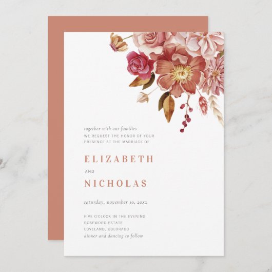 Terracotta Elegant Waterverf Floral Wedding Kaart (Voorkant / Achterkant)