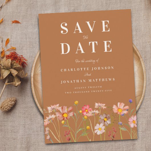 Terracotta Elegante Bloemenweide Bruiloft Save The Date