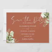Terracotta Elegante Groene Bloemige Foto Bruiloft Save The Date (Voorkant)