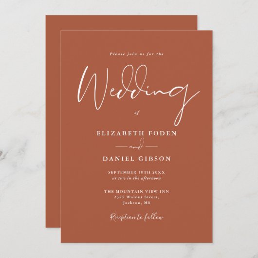 Terracotta Elegante Moderne Script Bruiloft Kaart (Voorkant / Achterkant)