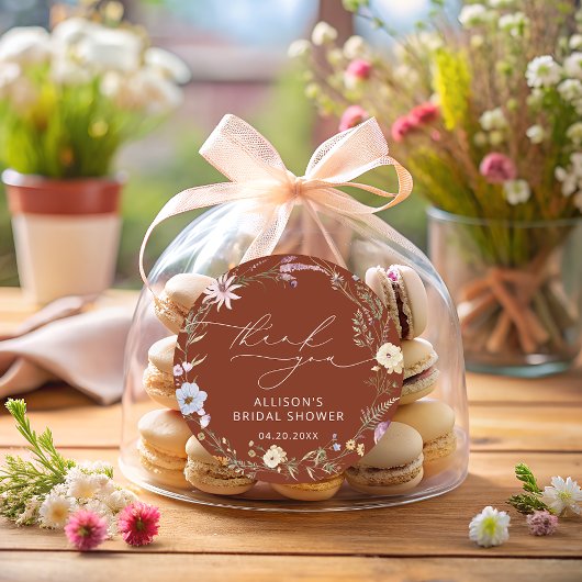 Terracotta Elegante Wilde Bloem Bruiloft Feest Ronde Sticker