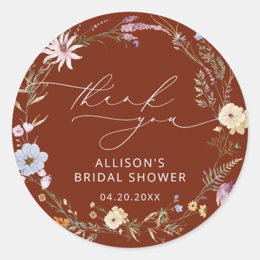 Terracotta Elegante Wilde Bloem Bruiloft Feest Ronde Sticker (Voorkant)