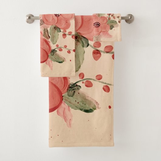 Terracotta en beige Waterverf Floral Bad Handdoek (Insitu)