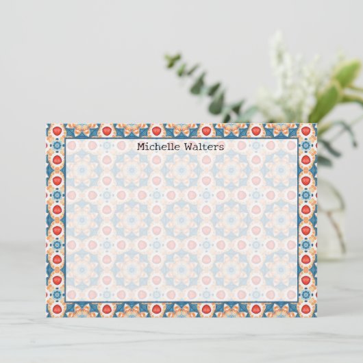 Terracotta en Blauw Patroon Platte Notecard Kaart (Staand voorkant)