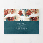 Terracotta en Blauwgroen Blue Elegant Boho Wedding Drieluik Uitnodiging (Cover)