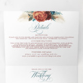 Terracotta en Blauwgroen Blue Elegant Boho Wedding Drieluik Uitnodiging (Binnenzijde eerst)