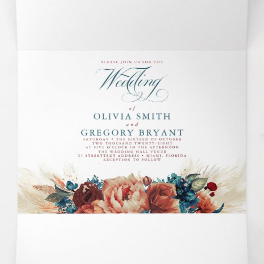 Terracotta en Blauwgroen Blue Elegant Boho Wedding Drieluik Uitnodiging (Binnenkant midden)