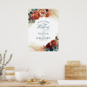 Terracotta en Blauwgroen Blue Floral Wedding Welco Poster (Keuken)