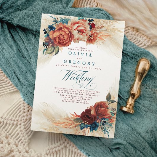 Terracotta en Blauwgroen Floral Elegant Boho Weddi Kaart