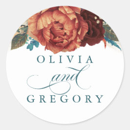 Terracotta en Blauwgroen Floral Wedding Ronde Sticker
