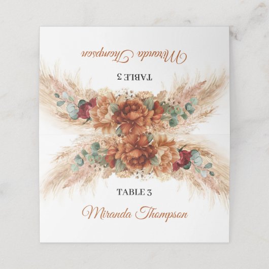 Terracotta en bordeaux bloemen groen & pampa's plaatskaartje (Buitenkant ongevouwen)