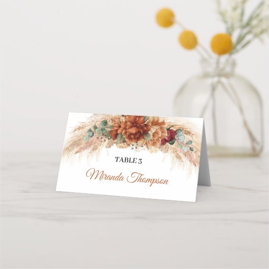 Terracotta en bordeaux bloemen groen & pampa's plaatskaartje (Achterkant)