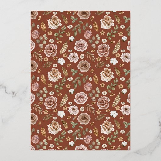 Terracotta en goud Elegante Boho Floral Wedding Folie Uitnodiging (Achterkant)
