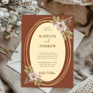Terracotta en goud Elegante Boho Floral Wedding Folie Uitnodiging
