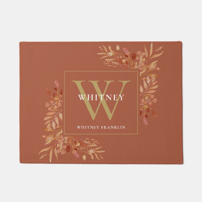 Terracotta en gouden monogram rustieke bloem deurmat (Voorkant)