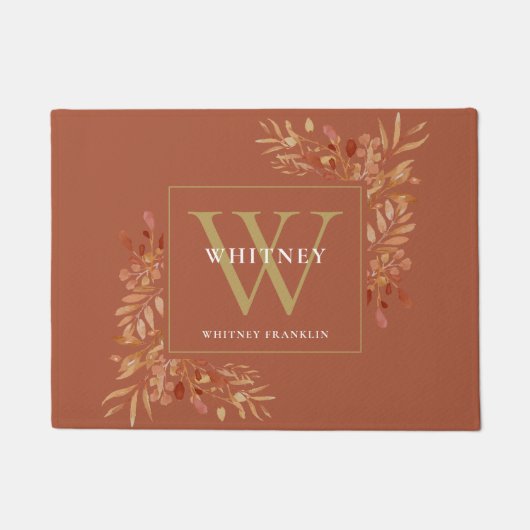 Terracotta en gouden monogram rustieke bloemen deurmat (Voorkant)