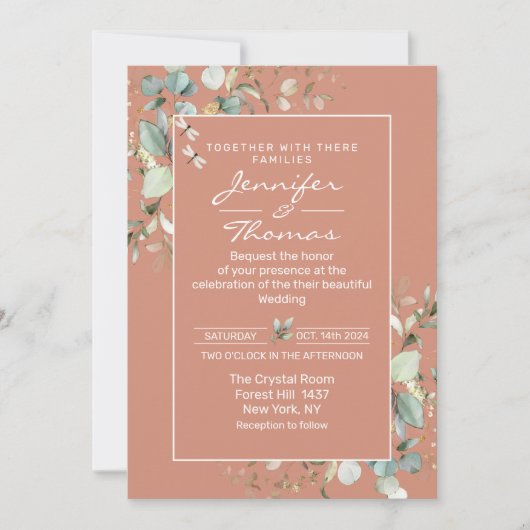 Terracotta en Green Leaves Wedding Invitation Kaart (Voorkant)