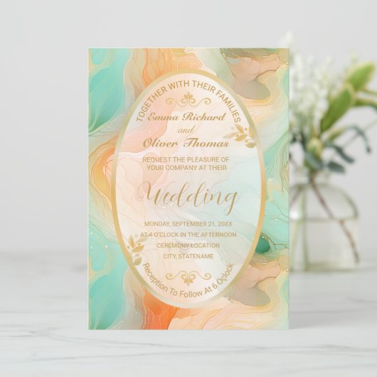 Terracotta en Jade Marmer bruiloft uitnodiging (Staand voorkant)