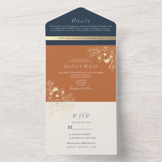 Terracotta en Navy Blue Bruiloft All In One Uitnodiging (Binnen)