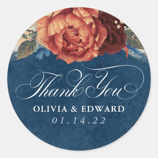 Terracotta en Navy Blue Dank Je Florale Ronde Sticker (Voorkant)
