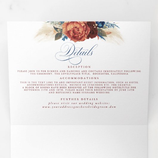 Terracotta en Navy Blue Elegant Boho Wedding Drieluik Uitnodiging (Binnenzijde eerst)