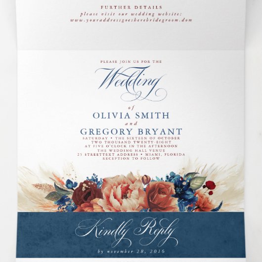 Terracotta en Navy Blue Elegant Boho Wedding Drieluik Uitnodiging (Binnenkant midden)
