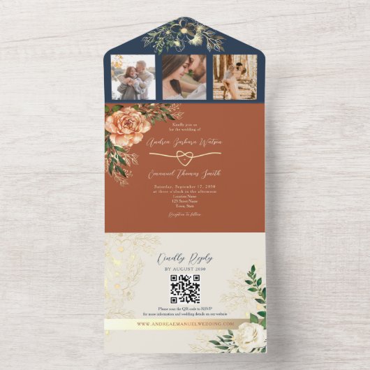 Terracotta en Navy Blue Elegant Herfst Bruiloft All In One Uitnodiging (Binnen)