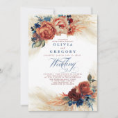 Terracotta en Navy Blue Floral Elegant Wedding Kaart (Voorkant)