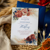 Terracotta en Navy Blue Floral Elegant Wedding Kaart
