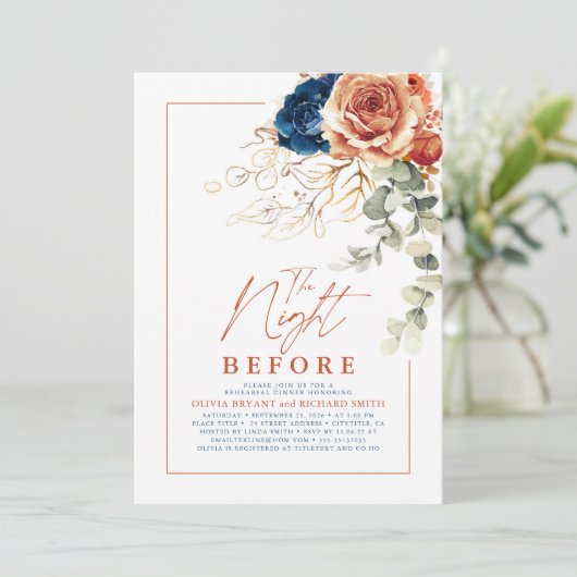 Terracotta en Navy Blue Floral repetitie diner Kaart (Staand voorkant)