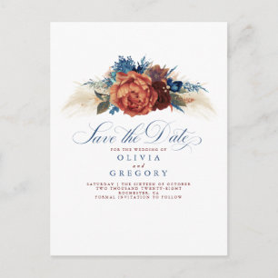 Terracotta en Navy Blue Floral sparen de datum Aankondigingskaart