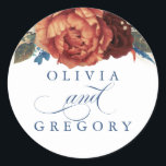 Terracotta en Navy Blue Floral Wedding Ronde Sticker<br><div class="desc">Pampas gras roestroest terracotta navy blue trouwstickers</div>