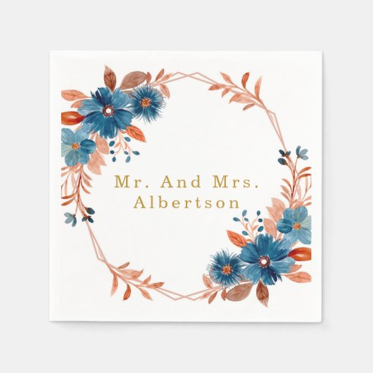 Terracotta en Navy Blue Gold Floral Wedding Servet (Voorkant)