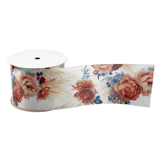 Terracotta en Navy Blue Pampas Grass Floral Boho Satijnen Lint (Spoel)