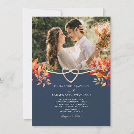 Terracotta en Navy Blue Rustic Fall Wedding Kaart (Voorkant)
