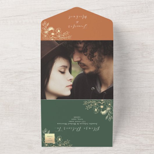 Terracotta en Olijfgroene bruiloft All In One Uitnodiging (Buitenkant)